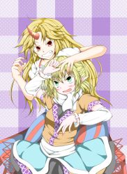 Rule 34 | 2girls, arm warmers, blonde hair, blouse, blush, checkered background, colored eyelashes, dress, eemiiru (xeno-c), fang, fingernails, green eyes, grin, hand on another&#039;s head, hand on forehead, highres, horns, hoshiguma yuugi, layered dress, long hair, looking at viewer, looking up, mizuhashi parsee, multiple girls, nail polish, open mouth, pointy ears, polka dot, polka dot background, red eyes, scarf, sharp fingernails, shirt, short sleeves, single horn, skirt, smile, touhou