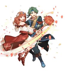 Rule 34 | 1boy, 1girl, alm (fire emblem), alternate costume, belt, boots, bouquet, celica (fire emblem), couple, earrings, feet, fire emblem, fire emblem echoes: shadows of valentia, fire emblem heroes, flower, full body, green eyes, green hair, hair flower, hair ornament, headband, highres, jewelry, long hair, necklace, nintendo, official art, open mouth, petals, red eyes, red hair, sandals, smile, sparkle, teeth, transparent background