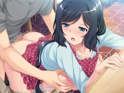 Rule 34 | 1boy, 1girl, akino shin, apron, ass, bent over, black hair, blue eyes, blush, grabbing another&#039;s breast, breasts, breasts out, buttjob, censored, clothes lift, deep skin, game cg, grabbing, hetero, huge breasts, legs, long hair, looking back, mature female, mosaic censoring, nipples, oyako ai 2, panties, panty pull, penis, shirt lift, solo focus, thighs, underwear