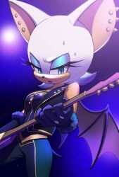 Rule 34 | 1girl, animal ears, animal nose, aqua eyeshadow, bare shoulders, bat ears, bat girl, bat tail, bat wings, blue background, blue eyeshadow, blurry, blurry background, breasts, electric guitar, eyeshadow, furry, furry female, gloves, green eyes, guitar, highres, holding, holding instrument, instrument, makeup, medium breasts, open mouth, pants, rero (rero nn), rouge the bat, solo, sonic (series), stage lights, sweat, tail, white fur, wings, zipper