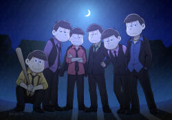 Rule 34 | 6+boys, :&lt;, :3, artist name, baseball bat, black eyes, black footwear, black hair, black jacket, black necktie, black pants, black vest, blue shirt, brothers, buttons, closed mouth, collared shirt, commentary request, crescent moon, crossed arms, frown, gold necklace, grin, hand on own hip, hands in pockets, holding, holding baseball bat, jacket, jewelry, lapels, leaning forward, long sleeves, looking at viewer, male focus, matsuno choromatsu, matsuno ichimatsu, matsuno jyushimatsu, matsuno karamatsu, matsuno osomatsu, matsuno todomatsu, moon, multiple boys, necklace, necktie, night, night sky, nigu, one eye closed, open clothes, open jacket, open vest, osomatsu-kun, osomatsu-san, osomatsu (series), outdoors, pants, pink shirt, purple shirt, red shirt, serious, sextuplets, shadow, shirt, shoes, short hair, short sleeves, siblings, silhouette, sky, smile, squatting, standing, suspenders, teeth, twitter username, untucked shirt, v-shaped eyebrows, vest, yellow shirt