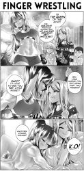 Rule 34 | 2boys, 2girls, 3koma, abs, absurdres, aftersex, back, bed, bike shorts, blanket, breasts, comic, english text, gloves, greyscale, grs-, gym, highres, large breasts, long hair, monochrome, multiple boys, multiple girls, muscular, muscular female, navel, nude, original, right-to-left comic, shirt, short hair, sideboob, speech bubble, sports bra, tool (band), yuri