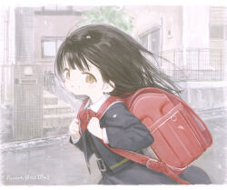 Rule 34 | 1girl, backpack, bag, belt buckle, black hair, bow, bowtie, brown eyes, buckle, building, buttoned cuffs, buttons, child, commentary request, day, from side, grey jacket, grey skirt, grin, highres, holding strap, jacket, letterboxed, long hair, long sleeves, looking at viewer, looking to the side, original, outdoors, pale color, randoseru, red bag, red bow, red bowtie, running, school uniform, sho (sho lwlw), skirt, smile, solo, upper body