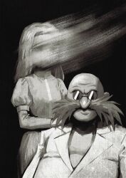 Rule 34 | 1boy, 1girl, absurdres, bald, black background, commentary, dress, english commentary, facial hair, family portrait, gerald robotnik, glasses, grandfather and granddaughter, hand on another&#039;s shoulder, highres, hyeon sonic, juliet sleeves, lab coat, long hair, long sleeves, looking at viewer, maria robotnik, monochrome, mustache, puffy sleeves, smudge, sonic (series), sonic adventure 2, turtleneck, turtleneck dress