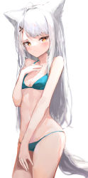 Rule 34 | 1girl, animal ears, bare arms, bare shoulders, bikini, blue bikini, breasts, cleavage, commentary request, hair ornament, highres, ichika (ichika87), long hair, original, red eyes, simple background, small breasts, solo, swimsuit, tail, very long hair, white background, white hair, x hair ornament