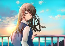 Rule 34 | 1girl, backpack, bad id, bad pixiv id, bag, blue sky, blue vest, brown eyes, brown hair, cloud, day, eyelashes, hand on railing, long hair, long sleeves, looking at viewer, looking back, ocean, original, outdoors, parted lips, railing, sheepd, shirt, sky, solo, sunset, upper body, vest, white shirt
