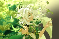 Rule 34 | 1girl, bare shoulders, blurry, braid, bug, butterfly, butterfly on hand, dappled sunlight, depth of field, floating hair, french braid, genshin impact, green eyes, green theme, hand up, highres, index finger raised, insect, katcmanga, long hair, nahida (genshin impact), nature, parted lips, profile, signature, smile, sunlight, symbol-shaped pupils, tree, upper body, wind