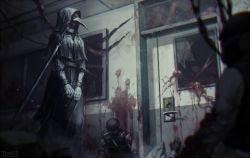 Rule 34 | 3boys, amamidori, black gloves, blood, blood on wall, broken glass, commentary request, death, door, glass, gloves, helmet, hooded, hooded robe, indoors, male focus, military, military uniform, multiple boys, plague doctor, robe, scp-049, scp foundation, uniform