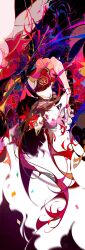 Rule 34 | 1girl, bow, brown hair, commentary, confetti, cowboy shot, detached sleeves, dress, ezu (e104mjd), falling, floating hair, fox mask, from side, hair bow, hand up, highres, honkai: star rail, honkai (series), long hair, looking at viewer, mask, mask on head, nail polish, pink eyes, red bow, red dress, red nails, red sleeves, short dress, short sleeves, sidelocks, sideways glance, simple background, sleeveless, sleeveless dress, solo, sparkle (honkai: star rail), symbol-only commentary, twintails, upside-down, very long hair, white background