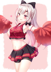 Rule 34 | 1girl, absurdres, arm strap, armpits, bare shoulders, bike shorts, black skirt, blurry, bow, breasts, cheerleader, clothes writing, cowboy shot, crop top, crop top overhang, cursive, fangs, hair bow, heart, highres, holding, holding pom poms, hololive, horns, long hair, looking at viewer, medium breasts, midriff, miniskirt, multicolored hair, nakiri ayame, nakiri ayame (streetwear), navel, open mouth, outstretched arm, pom pom (cheerleading), pom poms, ponytail, red eyes, red shirt, shirt, shorts, shorts under skirt, silver hair, skin-covered horns, skirt, sleeveless, sleeveless shirt, smile, solo, stomach, streaked hair, thighs, virtual youtuber, yuano