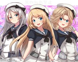 Rule 34 | 3girls, artist name, beret, black bow, black neckerchief, blonde hair, blue eyes, blue sailor collar, blush, bow, dress, gloves, grey hair, hat, hat bow, janus (kancolle), javelin (kancolle), jervis (kancolle), kantai collection, long hair, looking at viewer, multiple girls, neckerchief, open mouth, roko roko (doradorazz), sailor collar, sailor dress, short hair, short sleeves, twitter username, white gloves, white headwear