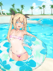 Rule 34 | 1girl, :d, bad id, bad pixiv id, bandeau, bikini, blonde hair, blue eyes, blue sky, blush, bow, breasts, day, dead or alive, hair bow, holding, holding swim ring, innertube, kenagehanage, long hair, looking at viewer, marie rose, navel, one-piece tan, open mouth, outdoors, palm tree, pink bikini, pool, poolside, shiny skin, sidelocks, sky, small breasts, smile, solo, strapless, swim ring, swimsuit, tan, tanline, tree, twintails, underboob