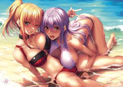 2girls, all fours, arm support, ass, ayase kaya, ayase touka (piromizu), bare legs, barefoot, beach, bikini, blonde hair, blue eyes, blurry, blurry background, breasts, brown eyes, choker, cleavage, cleft of venus, depth of field, eyebrows visible through hair, grin, jewelry, large breasts, long hair, looking at viewer, lossy-lossless, multiple girls, nail polish, necklace, non-web source, open mouth, original, outdoors, piromizu, ponytail, purple hair, red bikini, red nails, sidelocks, sitting, smile, swimsuit, untying, water, yokozuwari