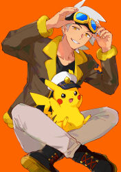 Rule 34 | 1boy, black footwear, boots, brown jacket, captain pikachu, clothed pokemon, commentary, creatures (company), friede (pokemon), game freak, gen 1 pokemon, goggles, goggles on head, grin, highres, hinata (ryohinata), jacket, male focus, medium hair, nintendo, on lap, open clothes, open jacket, orange background, orange eyes, pants, pikachu, pokemon, pokemon (anime), pokemon (creature), pokemon horizons, pokemon on lap, shirt, sitting, smile, teeth, white hair