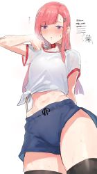 Rule 34 | 1girl, absurdres, asymmetrical bangs, black thighhighs, blunt bangs, blush, character request, collar tug, commentary request, copyright request, highres, hot, long hair, looking at viewer, open mouth, pink hair, purple eyes, shirt, short shorts, short sleeves, shorts, suisogenshi, sweat, thighhighs, tied shirt, white shirt