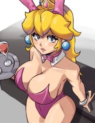 Rule 34 | 1girl, arm support, blonde hair, blue eyes, breasts, bursting breasts, cleavage, drink, large breasts, legs, leotard, long hair, looking at viewer, mario (series), moxydraws, nintendo, parted lips, pink lips, playboy bunny, princess peach, rabbit ears, shiny skin, smile, solo, thick thighs, thighs, waitress, wide hips