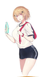 Rule 34 | 1girl, alternate costume, alternate hair length, alternate hairstyle, black shorts, blonde hair, blush, bottle, breasts, character request, cropped legs, echj, gym shirt, gym shorts, gym uniform, hair between eyes, hair ornament, hairclip, highres, holding, holding bottle, medium breasts, parted lips, red eyes, shirt, short hair, short shorts, short sleeves, shorts, simple background, solo, warship girls r, water bottle, white background, white shirt, x hair ornament