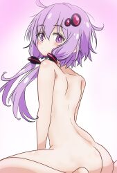 Rule 34 | 1girl, blush, completely nude, from behind, gradient background, hair ornament, looking at viewer, looking back, nation1213, nude, purple eyes, purple hair, short hair with long locks, sitting, solo, vocaloid, voiceroid, wariza, yuzuki yukari