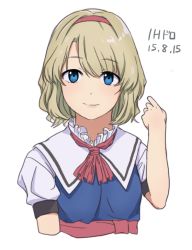 Rule 34 | 1girl, alice margatroid, blonde hair, blue eyes, breasts, capelet, closed mouth, dated, hairband, looking at viewer, parted bangs, short hair, simple background, smile, solo, touhou, toujou (toujou ramen), white background