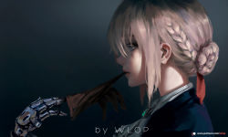 Rule 34 | 10s, 1girl, artist name, blonde hair, braid, commentary, ears visible through hair, french braid, from side, gloves, gradient background, hair bun, highres, mechanical arms, patreon username, portrait, short hair, simple background, single hair bun, single mechanical arm, solo, unworn gloves, violet evergarden, violet evergarden (series), wlop