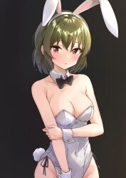 Rule 34 | 1girl, :o, absurdres, animal ears, b1ack illust, black background, black bow, black bowtie, blush, bow, bowtie, breasts, cleavage, collarbone, covered navel, detached collar, fake animal ears, fake tail, green hair, groin, highres, holding own arm, idolmaster, idolmaster million live!, leotard, looking at viewer, medium breasts, nagayoshi subaru, playboy bunny, rabbit ears, rabbit tail, red eyes, simple background, solo, strapless, strapless leotard, tail, white leotard, wrist cuffs