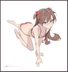 Rule 34 | 1girl, absurdres, all fours, arched back, ass, bare legs, barefoot, bikini, bingwei huang, blush, breasts, brown hair, closed mouth, collarbone, curvy, eyes visible through hair, full body, hair between eyes, hair ornament, highres, interface headset, lips, long hair, looking at viewer, neon genesis evangelion, parted lips, red bikini, simple background, small breasts, soles, solo, souryuu asuka langley, swimsuit, toes, tsundere, twintails, white background