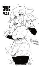 Rule 34 | 1girl, 2015, asakawa remon, breasts, dated, covered erect nipples, greyscale, large breasts, monochrome, open mouth, original, pointy ears, remona-san, simple background, smile, solo, wet, wet clothes, white background