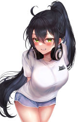 Rule 34 | 1girl, :d, absurdres, ahoge, arms behind back, black hair, blue shorts, blush, breasts, cowboy shot, green eyes, grin, headphones, headphones around neck, highres, large breasts, leaning forward, long hair, looking at viewer, open mouth, original, parted bangs, ponytail, shirt, shorts, simple background, smile, very long hair, white background, white shirt, yu lei