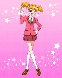 Rule 34 | 1girl, blonde hair, brown footwear, dress shirt, fresh precure!, full body, green necktie, highres, kneehighs, loafers, long sleeves, miniskirt, momozono love, necktie, official art, open mouth, pink eyes, pink skirt, precure, precure connection puzzlun, public yotsuba middle school uniform, school uniform, shirt, shoes, skirt, smile, socks, solo, striped necktie, third-party source, twintails, white shirt
