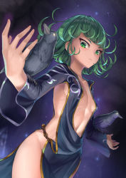Rule 34 | 1girl, bird, black background, black dress, breasts, cleavage, closed mouth, collarbone, cowboy shot, crow, curly hair, dress, gradient background, green eyes, green hair, highres, long sleeves, looking down, matching hair/eyes, no panties, one-punch man, revealing clothes, sai (abyss05), short hair, small breasts, solo, standing, tatsumaki