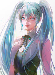 Rule 34 | 1girl, absurdres, ahoge, black ribbon, black vest, blue eyes, blue hair, grey hairband, hair between eyes, hairband, hatsune miku, highres, long hair, looking at viewer, miku symphony (vocaloid), neck ribbon, open mouth, ribbon, smile, solo, twintails, upper body, very long hair, vest, vocaloid, white background, zinutkun