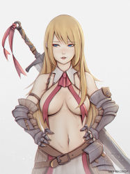 Rule 34 | 1girl, absurdres, arm belt, armor, artist name, bad id, bad pixiv id, belt, blonde hair, blue eyes, breasts, breasts apart, cowboy shot, cuts, detached collar, detached sleeves, elbow gloves, gauntlets, gloves, hands on own hips, highres, injury, knight, large breasts, lips, liya nikorov, long hair, long sword, looking to the side, mole, mole on breast, mole under eye, navel, original, parted lips, red ribbon, revealing clothes, ribbed gloves, ribbon, scar, skirt, solo, stomach, swept bangs, sword, sword behind back, topless, weapon