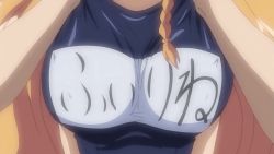 Rule 34 | 00s, animated, animated gif, assisted exposure, blonde hair, bouncing breasts, braid, grabbing another&#039;s breast, breast press, breasts, grabbing, head out of frame, large breasts, long hair, nipples, orange hair, oshiete re:maid, philine la, swimsuit, undressing