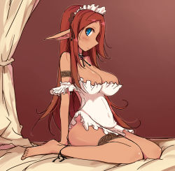 Rule 34 | 1girl, apron, arm garter, bare shoulders, barefoot, bed, blue eyes, blush, breasts, choker, cleavage, endou chihiro, female focus, hair ornament, highres, huge breasts, bridal garter, legs, lingerie, long hair, looking at viewer, maid-chan (maze), naked apron, original, pointy ears, red hair, sitting, smile, solo, underwear
