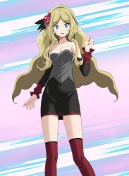 Rule 34 | 1girl, black skirt, black sleeves, blonde hair, blue eyes, breasts, caitlin (fall 2021) (pokemon), caitlin (pokemon), cleavage, collarbone, covered navel, creatures (company), d:, detached sleeves, floating hair, game freak, grey hairband, grey shirt, hairband, highres, long hair, long sleeves, looking at viewer, miniskirt, multicolored sleeves, nail polish, nintendo, open mouth, parted bangs, pencil skirt, pokemon, pokemon masters ex, red nails, red sleeves, shirt, skirt, small breasts, solo, standing, strapless, strapless shirt, thighhighs, tsukishiro saika, very long hair