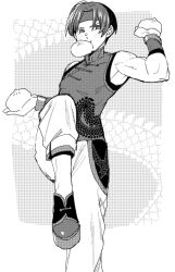 Rule 34 | 1boy, baozi, chinese clothes, dragon print, food, greyscale, headband, leg up, male focus, masakari (yasudadou), monochrome, mouth hold, shoes, short hair, sie kensou, solo, the king of fighters