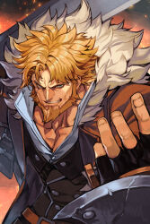 Rule 34 | 1boy, beard, belt, black gloves, black vest, blonde hair, blue eyes, brown belt, brown coat, coat, collarbone, collared shirt, cowboy shot, embers, facial hair, fingerless gloves, fur-trimmed coat, fur trim, gloves, grin, guilty gear, guilty gear strive, hand up, hungry clicker, leo whitefang, long hair, looking at viewer, male focus, mature male, pectoral cleavage, pectorals, shirt, smile, solo, standing, teeth, thick beard, v-shaped eyebrows, vest, white shirt