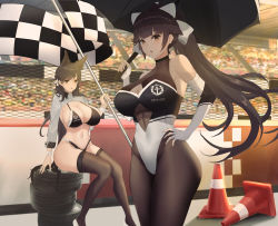 Rule 34 | 2girls, :o, absurdres, animal ears, atago (azur lane), atago (stunning speedster) (azur lane), azur lane, bikini, black bikini, black hair, black legwear, breasts, brown eyes, cleavage, covered navel, dido (magicc), elbow gloves, fingerless gloves, flag, fox ears, gloves, hair ribbon, hand on own hip, highres, holding, holding flag, large breasts, long hair, looking at viewer, mole, mole under eye, multiple girls, official alternate costume, open mouth, panties, pantyhose, ponytail, race queen, racetrack, ribbon, sitting, sitting on object, standing, swimsuit, takao (azur lane), takao (full throttle charmer) (azur lane), thighhighs, thighs, underwear, wheel