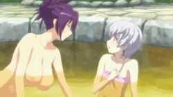 Rule 34 | 1boy, 1girl, aleksander nikolaevich her, animated, animated gif, bouncing breasts, breasts, hanging breasts, huge breasts, nipples, nude, oikawa urada, onsen, partially submerged, purple hair, seikon no qwaser, teacher, towel, water, white hair