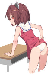 Rule 34 | 1girl, arm support, ass, brown hair, clothes lift, commentary request, cropped legs, desk, dress, dress lift, expressionless, headgear, highres, lifted by self, looking at viewer, looking back, panties, red dress, red eyes, sailor collar, sailor dress, school desk, short hair, simple background, sleeveless, sleeveless dress, solo, touhoku kiritan, underwear, voiceroid, white background, white panties, white sailor collar, yamamomo (plank)