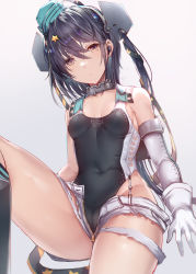Rule 34 | 1girl, absurdres, aqua hat, bare shoulders, black one-piece swimsuit, black ribbon, breasts, cameltoe, collar, competition swimsuit, garrison cap, gloves, hair ornament, hair ribbon, hat, highleg, highleg swimsuit, highres, interstellar, kantai collection, leg up, long hair, metal collar, one-piece swimsuit, open fly, personification, ribbon, scamp (kancolle), short shorts, shorts, side ponytail, sitting, solo, star (symbol), star hair ornament, swimsuit, white gloves, white shorts