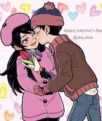 Rule 34 | 1boy, 1girl, beanie, beret, black gloves, blue headwear, blue pants, brown jacket, closed eyes, closed mouth, couple, cowboy shot, flower, gloves, happy valentine, hat, hetero, highres, holding, holding flower, jacket, kiss, kissing cheek, long hair, long sleeves, mina shon, one eye closed, open mouth, pants, pink headwear, pink jacket, profile, purple hair, red eyes, red gloves, rose, smile, south park, stan marsh, standing, twitter username, wendy testaburger, white background