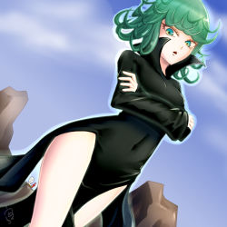 Rule 34 | 1girl, ahoge, black dress, blush, breasts, collared dress, curly hair, dress, green eyes, green hair, long sleeves, looking at viewer, one-punch man, open mouth, parted lips, psychic, short hair, side slit, small breasts, solo, tatsumaki, telekinesis, thighs, umekichi52525