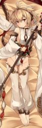 Rule 34 | 10s, 1girl, :&lt;, andira (granblue fantasy), animal ears, bare shoulders, barefoot, bed sheet, blonde hair, breasts, cleavage, detached leggings, detached sleeves, erune, feet, from above, full body, granblue fantasy, groin, hair between eyes, hair ornament, highres, holding, holding weapon, jitome, looking at viewer, lying, monkey ears, monkey girl, monkey tail, red eyes, short hair, sideboob, small breasts, solo, staff, tail, thighhighs, toes, two side up, weapon, wide sleeves, yasu (yossy)