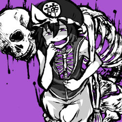 Rule 34 | 1other, androgynous, black hair, bloomers, collared shirt, finger in own mouth, greyscale with colored background, hat, hat ornament, kanmukuya, len&#039;en, mob cap, monochrome, open mouth, purple background, purple eyes, shirt, shitodo kuroji, skeleton, solo, triangular headpiece, underwear, unzipped
