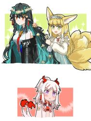 Rule 34 | 3girls, :&lt;, animal ear fluff, animal ears, aqua skirt, arknights, bare shoulders, black hair, black jacket, blonde hair, blush, braid, cardigan, chinese commentary, closed mouth, collared dress, colored inner hair, commentary request, cropped shirt, cross-laced clothes, cross-laced skirt, cross-laced slit, dragon girl, dragon horns, dragon tail, dress, dusk (arknights), earrings, flower, fox ears, fox girl, fox tail, green eyes, green hair, hair flower, hair ornament, hairdressing, half updo, high-waist skirt, highres, horns, jacket, jewelry, kitsune, kyuubi, long hair, long sleeves, medium hair, multicolored hair, multiple girls, multiple tails, neck ribbon, necktie, nian (arknights), off shoulder, official alternate costume, open clothes, open jacket, open mouth, pointy ears, puffy long sleeves, puffy sleeves, purple eyes, red eyes, red hair, red necktie, red ribbon, red shirt, ribbon, shirt, short dress, siblings, sisters, skirt, sleeveless, sleeveless dress, streaked hair, suzuran (arknights), suzuran (spring praise) (arknights), tail, tail wagging, twin braids, two-tone hair, very long hair, white cardigan, white dress, white hair, white jacket, yu kaoxiang