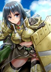 Rule 34 | 1girl, armor, black hair, black thighhighs, blue eyes, blue sky, blush, boobplate, breastplate, brown cape, brown skirt, cape, closed mouth, cloud, commentary request, cowboy shot, cross, cross necklace, dated, day, frown, gauntlets, holding, holding shield, jewelry, leaning forward, leg armor, long hair, looking at viewer, midriff, navel, necklace, outdoors, paladin (ragnarok online), pauldrons, ragnarok online, shield, shoulder armor, signature, skirt, sky, solo, takaha momo, thighhighs, v-shaped eyebrows, waist cape