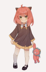 Rule 34 | 1girl, ahoge, anya (spy x family), black footwear, child, collared shirt, commentary request, director chimera (spy x family), dot nose, eden academy school uniform, gold trim, green eyes, hair between eyes, hairpods, highres, holding, legs apart, long sleeves, looking at viewer, mary janes, medium hair, open mouth, over-kneehighs, parted lips, pink hair, r1meo, school uniform, shirt, shoes, simple background, smile, socks, solo, spy x family, standing, stuffed toy, teeth, thighhighs, white background, white socks, wide sleeves