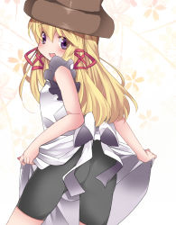 Rule 34 | 1girl, apron, apron lift, bad id, bad pixiv id, bike shorts, blonde hair, blush, clothes lift, commentary request, gradient background, hair ribbon, hammer (sunset beach), hat, long hair, looking back, moriya suwako, open mouth, purple eyes, ribbon, smile, solo, touhou