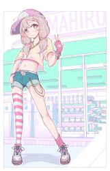 Rule 34 | 1girl, alternate costume, baseball cap, denim, denim shorts, el genso, gloves, hand on own hip, hat, highres, low twintails, midriff, multicolored hair, onii-chan wa oshimai!, open fly, oyama mahiro, short shorts, shorts, single glove, single thighhigh, solo, striped clothes, striped thighhighs, thighhighs, twintails